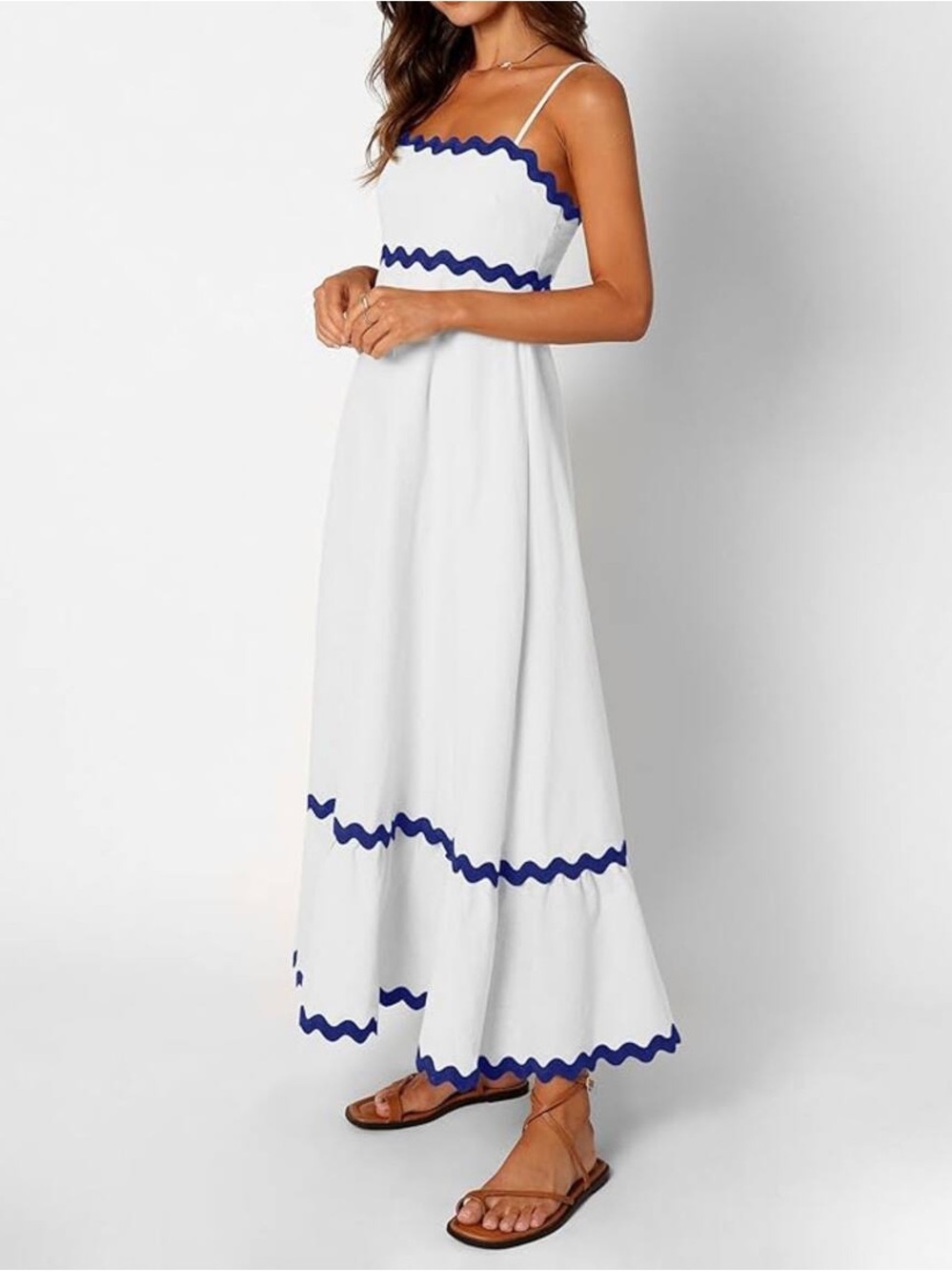White Maxi Dress with Navy Wave Trim